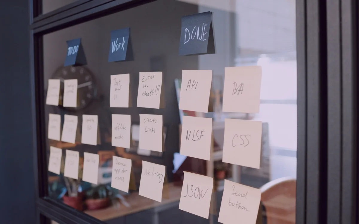 Sticky notes organized by to-do, work, and done on a glass planning wall.