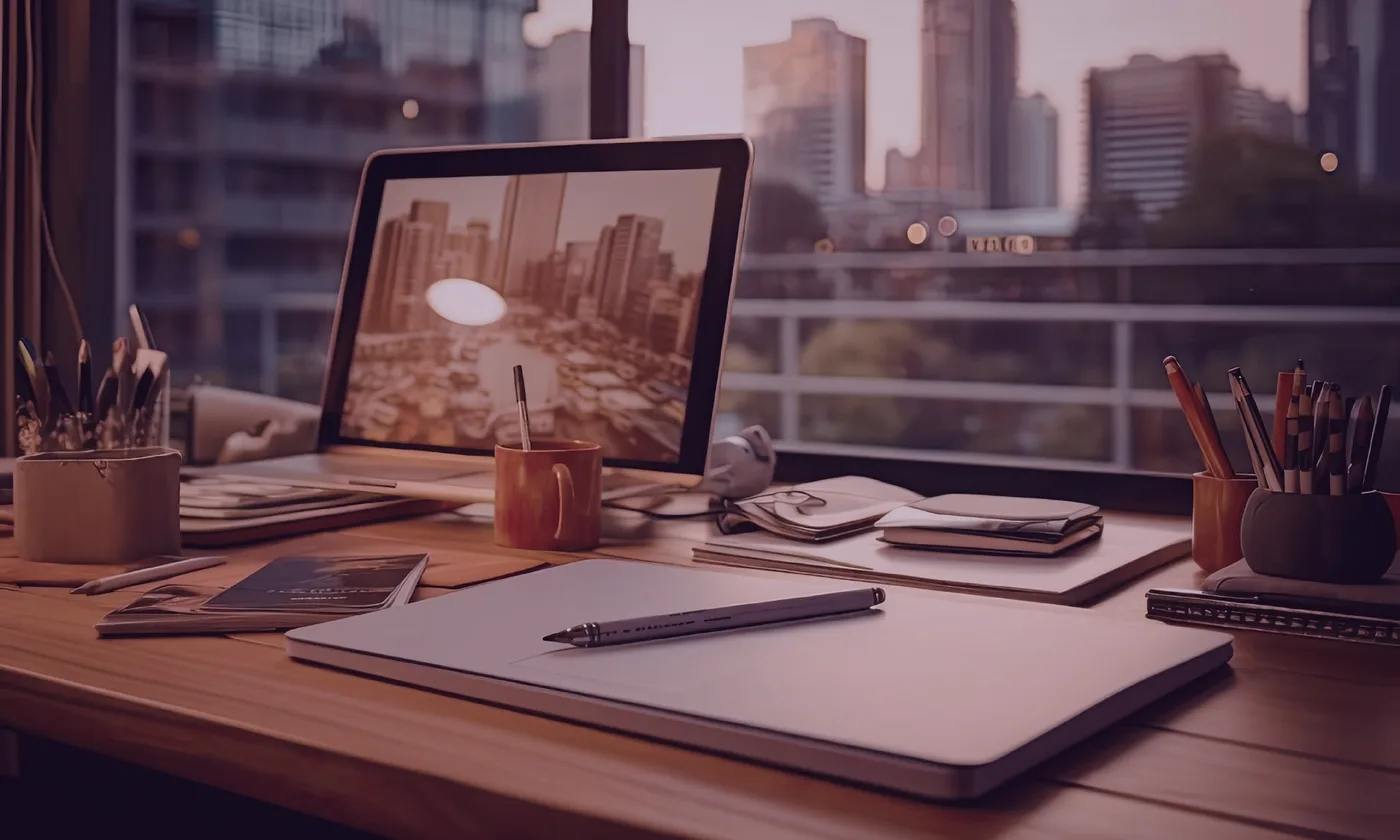 Founder workspace with laptop, notebook, and city view at dusk.